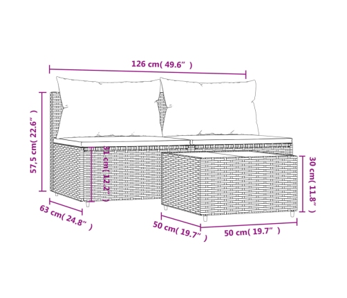 Set de muebles de jardín 3 pzas y cojines ratán sintético gris