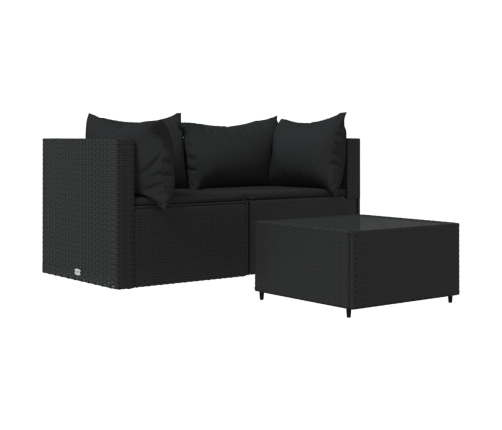 Set de muebles de jardín 3 pzas y cojines ratán sintético negro