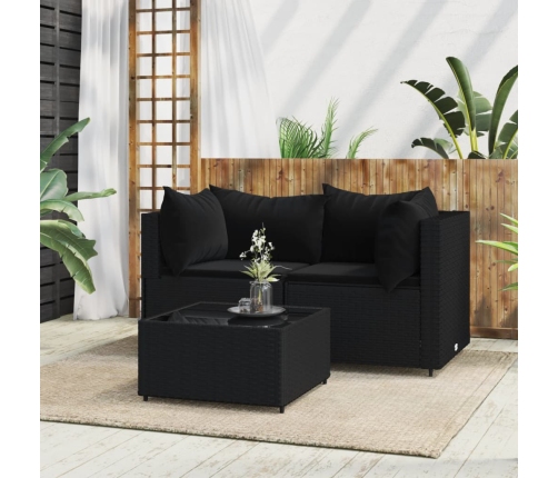 Set de muebles de jardín 3 pzas y cojines ratán sintético negro