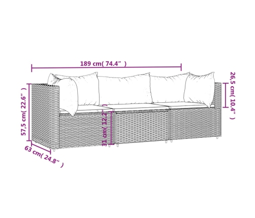 Set de muebles de jardín 3 pzas y cojines ratán sintético negro