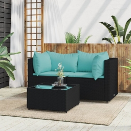 Set de muebles de jardín 3 pzas y cojines ratán sintético negro