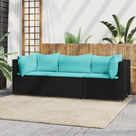 Set de muebles de jardín 3 pzas y cojines ratán sintético negro