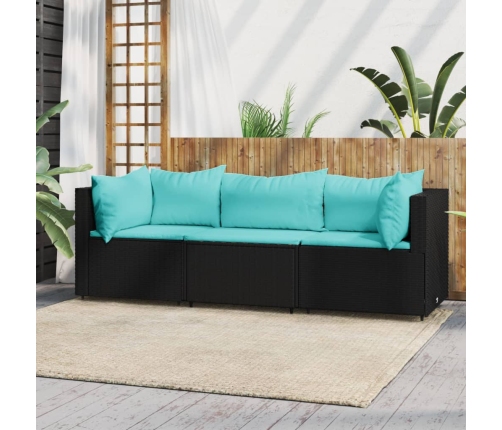 Set de muebles de jardín 3 pzas y cojines ratán sintético negro