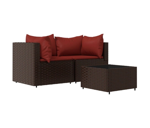 Set muebles de jardín 3 piezas y cojines ratán sintético marrón