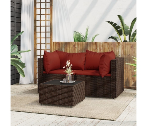 Set muebles de jardín 3 piezas y cojines ratán sintético marrón