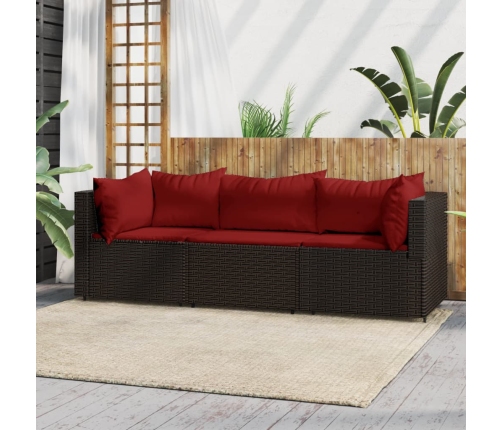 Set muebles de jardín 3 piezas y cojines ratán sintético marrón