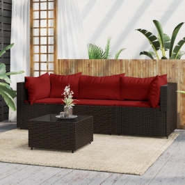 Set muebles de jardín 4 piezas y cojines ratán sintético marrón