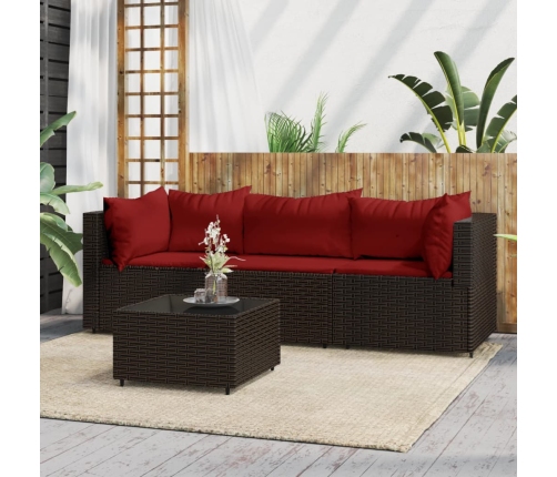 Set muebles de jardín 4 piezas y cojines ratán sintético marrón