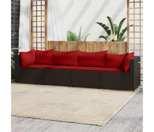 Set muebles de jardín 4 piezas y cojines ratán sintético marrón