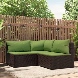 Set muebles de jardín 3 piezas y cojines ratán sintético marrón