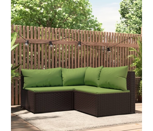 Set muebles de jardín 3 piezas y cojines ratán sintético marrón