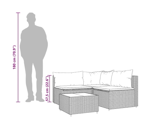 Set muebles de jardín 4 piezas y cojines ratán sintético marrón