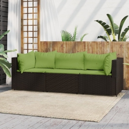 Set muebles de jardín 3 piezas y cojines ratán sintético marrón