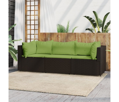 Set muebles de jardín 3 piezas y cojines ratán sintético marrón