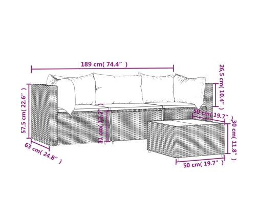 Set muebles de jardín 4 piezas y cojines ratán sintético marrón