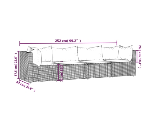 Set muebles de jardín 4 piezas y cojines ratán sintético marrón