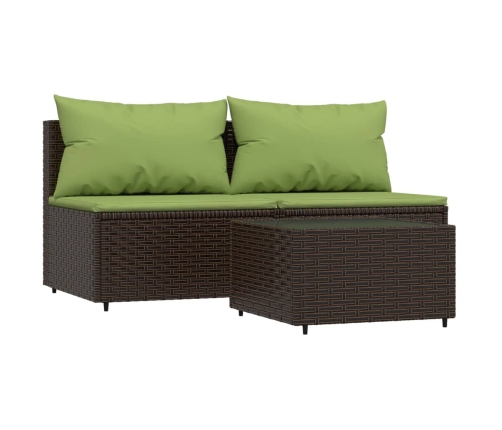 Set muebles de jardín 3 piezas y cojines ratán sintético marrón