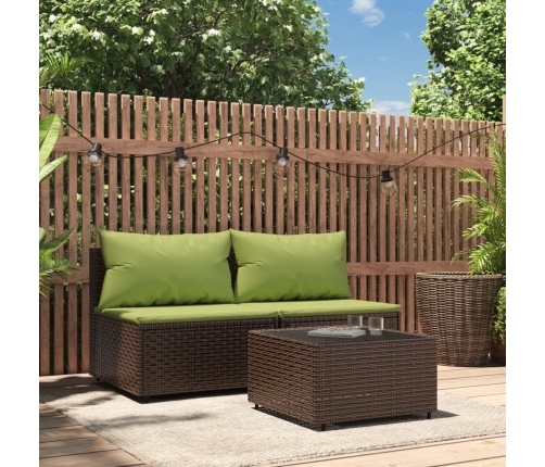 Set muebles de jardín 3 piezas y cojines ratán sintético marrón