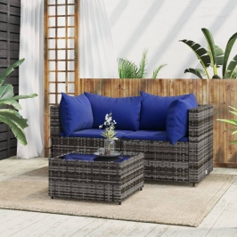 Set de muebles de jardín 3 pzas y cojines ratán sintético gris