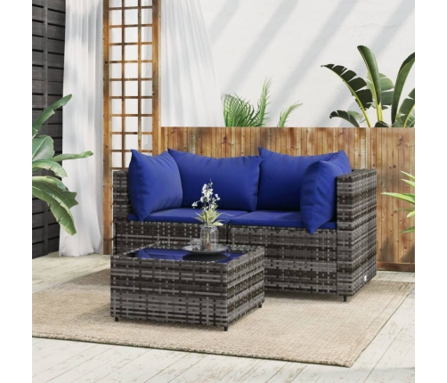 Set de muebles de jardín 3 pzas y cojines ratán sintético gris