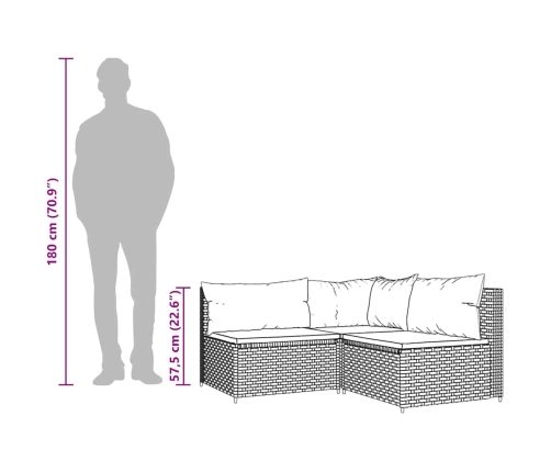 Set de muebles de jardín 3 pzas y cojines ratán sintético gris