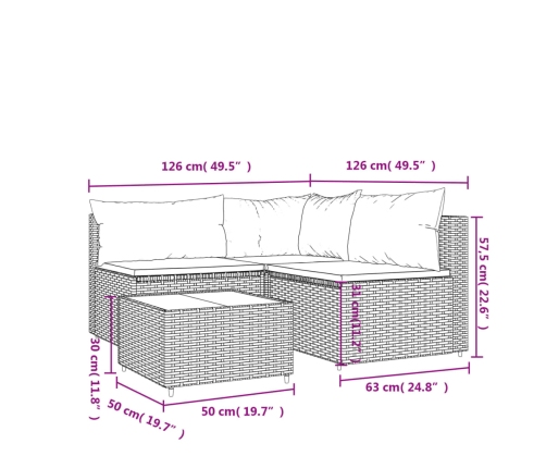 Set de muebles de jardín 4 pzas y cojines ratán sintético gris