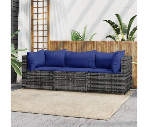 Set de muebles de jardín 3 pzas y cojines ratán sintético gris