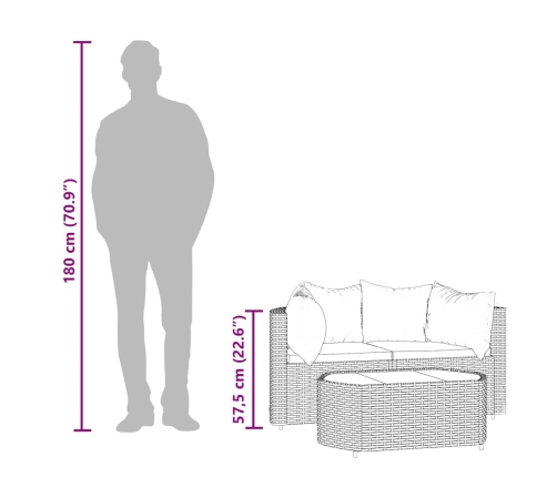 Set de muebles de jardín 3 pzas y cojines ratán sintético gris