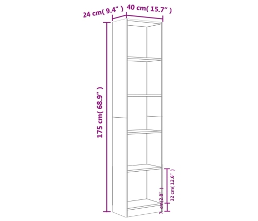 Estantería 5 niveles contrachapada roble ahumado 40x24x175 cm