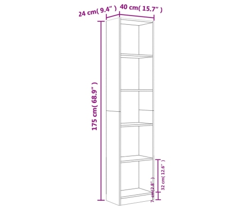 Estantería de 5 niveles contrachapada marrón roble 40x24x175 cm