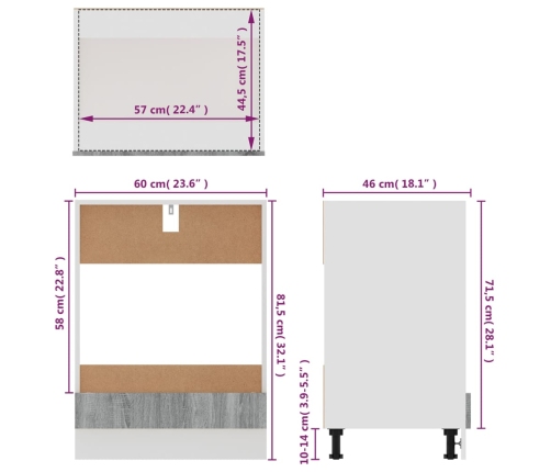 Armario de horno cocina madera ingeniería gris 60x46x81,5 cm