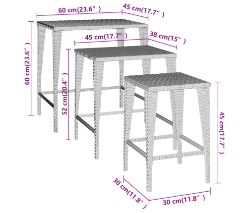 vidaXL Mesas apilables 3 piezas ratán sintético negro