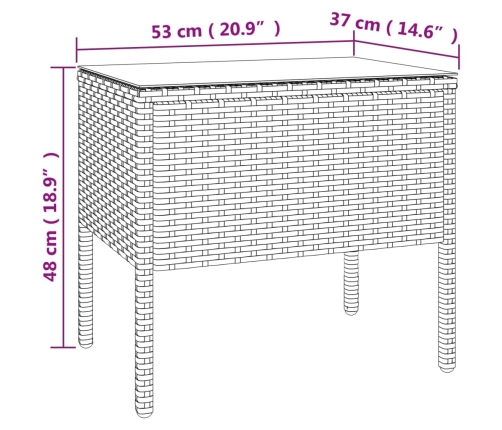 vidaXL Mesa auxiliar vidrio templado ratán sintético marrón 53x37x48cm