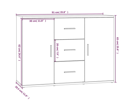 Aparador de madera contrachapada blanco brillante 91x29,5x65 cm