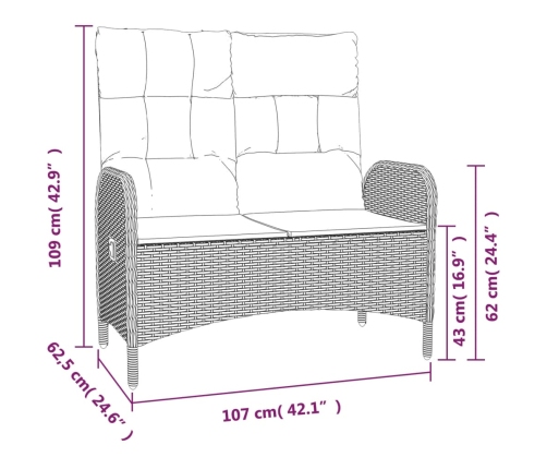 Banco de jardín reclinable con cojines ratán PE negro 107 cm