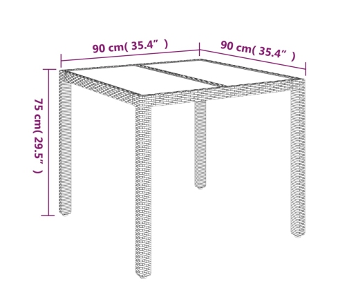 Mesa de jardín superficie de vidrio ratán PE negro 90x90x75 cm