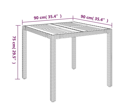 Mesa de jardín superficie de madera ratán PE negro 90x90x75 cm