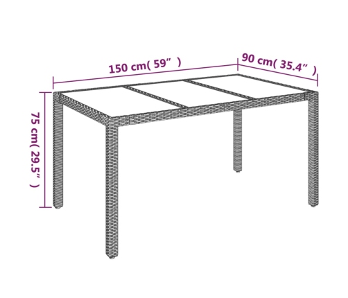 Mesa de jardín superficie de vidrio ratán PE gris 150x90x75 cm