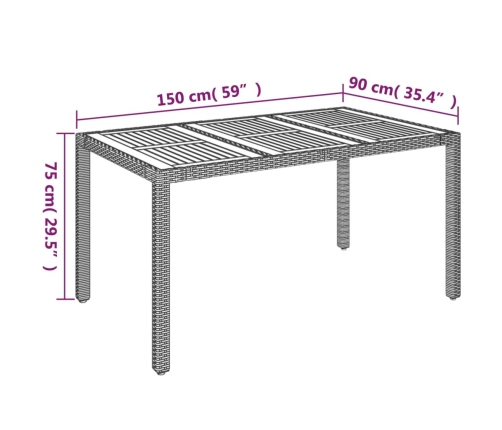 Mesa de jardín superficie de madera ratán PE negro 150x90x75 cm