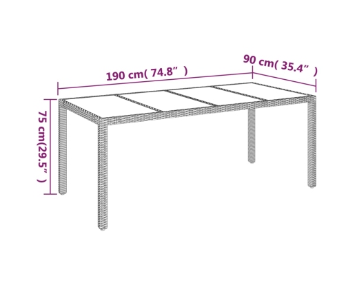 Mesa de jardín superficie de vidrio ratán PE negro 190x90x75 cm