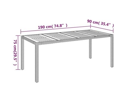 vidaXL Mesa de jardín superficie de madera ratán PE negro 190x90x75 cm