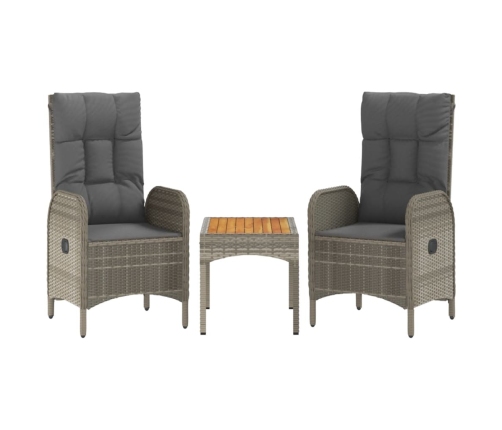 Set de muebles de jardín 3 pzas y cojines ratán sintético gris