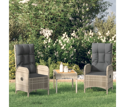 Set de muebles de jardín 3 pzas y cojines ratán sintético gris