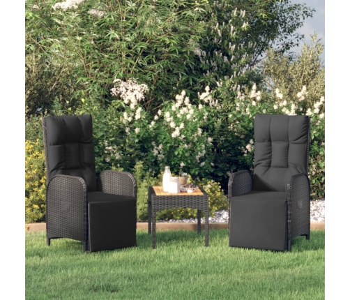 vidaXL Sillas reclinables jardín 2 uds con mesa ratán sintético negro