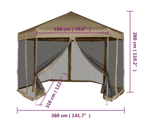 Carpa desmontable hexagonal paredes gris taupe 3,6x3,1m 220g/m²