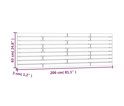 Cabecero de cama de pared madera maciza de pino 206x3x63 cm