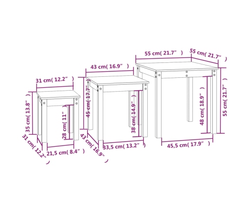 vidaXL Mesas apilables 3 unidades madera maciza de pino