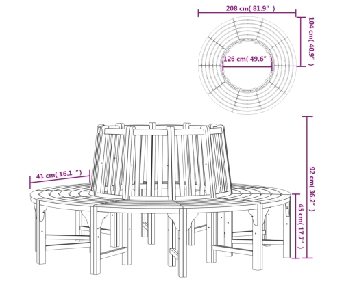 Banco de árbol circular madera maciza eucalipto Ø208 cm