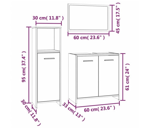 Set de muebles baño 3 pzas madera contrachapada roble ahumado