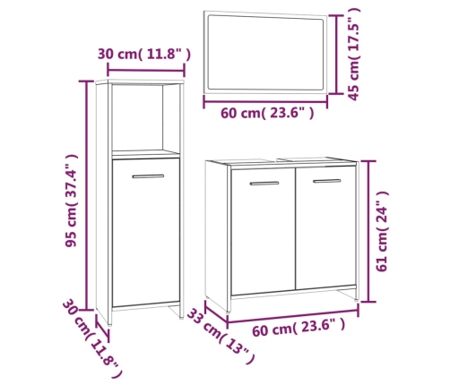 Set de muebles de baño 3 pzas madera contrachapada gris sonoma